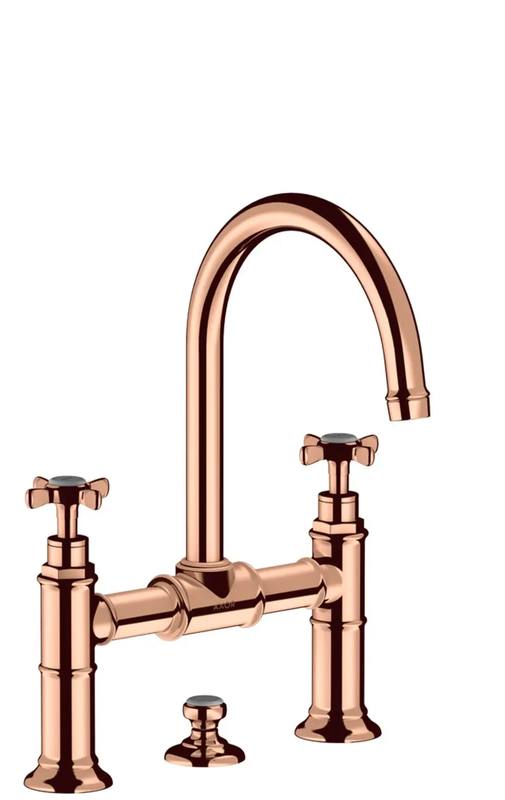 Waschtischarmatur mit zwei Griffen und Kreuzgriffen in Polished Red Gold, produziert von AXOR. Die Armatur hat eine zentrale Einheit und einen herausziehbaren Ablauf.